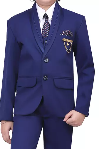 Boys kids cotton blend 5 piece coat pant solid suit set - royal blue