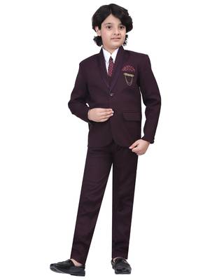 Boys kids cotton blend 5 piece coat pant solid suit set - wine 1