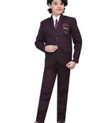 Boys kids cotton blend 5 piece coat pant solid suit set - wine