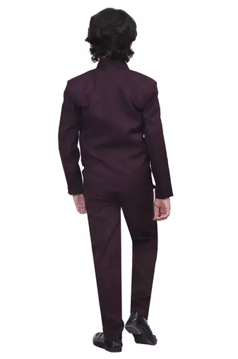 Boys kids cotton blend 5 piece coat pant solid suit set - wine