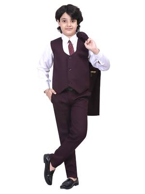 Boys kids cotton blend 5 piece coat pant solid suit set - wine 3
