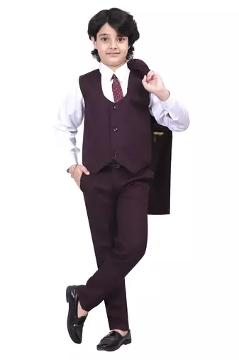 Boys kids cotton blend 5 piece coat pant solid suit set - wine