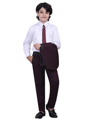 Boys kids cotton blend 5 piece coat pant solid suit set - wine 4
