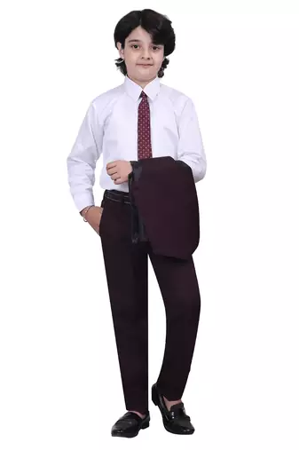 Boys kids cotton blend 5 piece coat pant solid suit set - wine