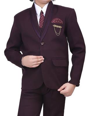 Boys kids cotton blend 5 piece coat pant solid suit set - wine 5