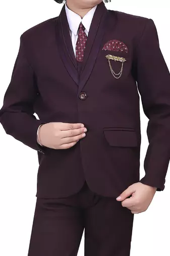 Boys kids cotton blend 5 piece coat pant solid suit set - wine