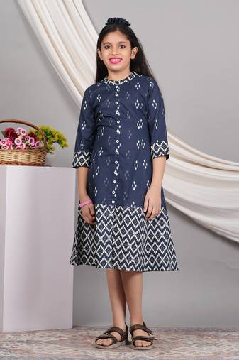 Yash gallery kids cotton ikat printed a-line kurta (blue)