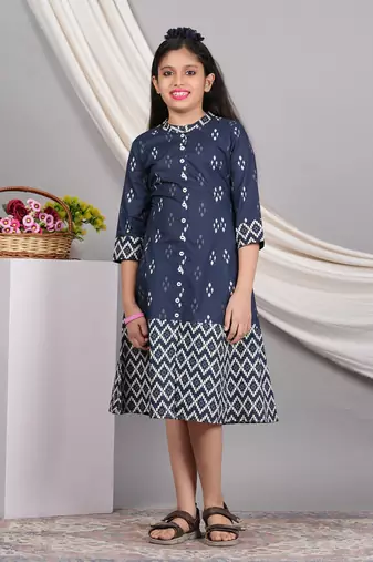 Yash gallery kids cotton ikat printed a-line kurta (blue)