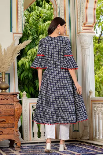  women's cambric cotton printed mirror work a-line kurta with dupatta set (blue)
