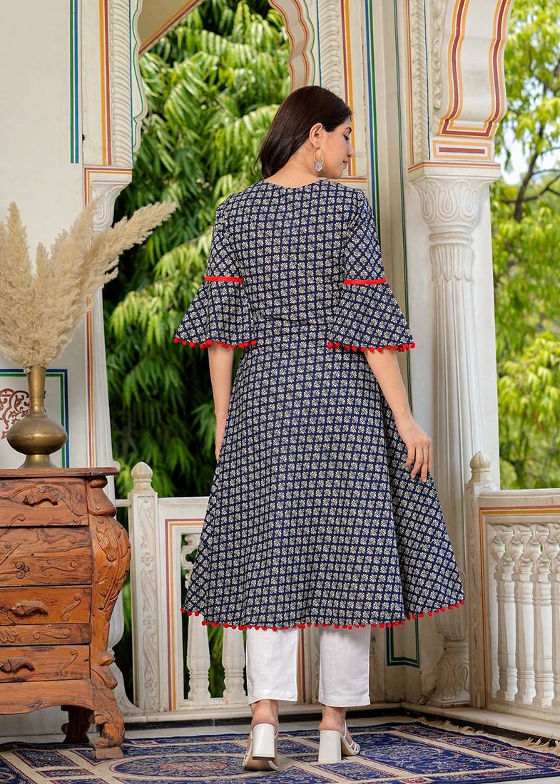 Yash gallery women's cambric cotton printed mirror work a-line kurta with dupatta set (blue)