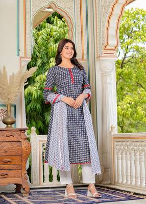  women's cambric cotton printed mirror work a-line kurta with dupatta set (blue) 1