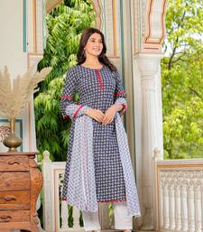  women's cambric cotton printed mirror work a-line kurta with dupatta set (blue)