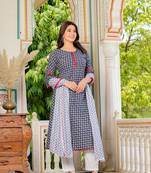 Yash gallery women's cambric cotton printed mirror work a-line kurta with dupatta set (blue)