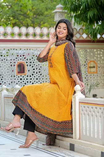  women's cotton geometric print anarkali kurta with dupatta set (mustard)