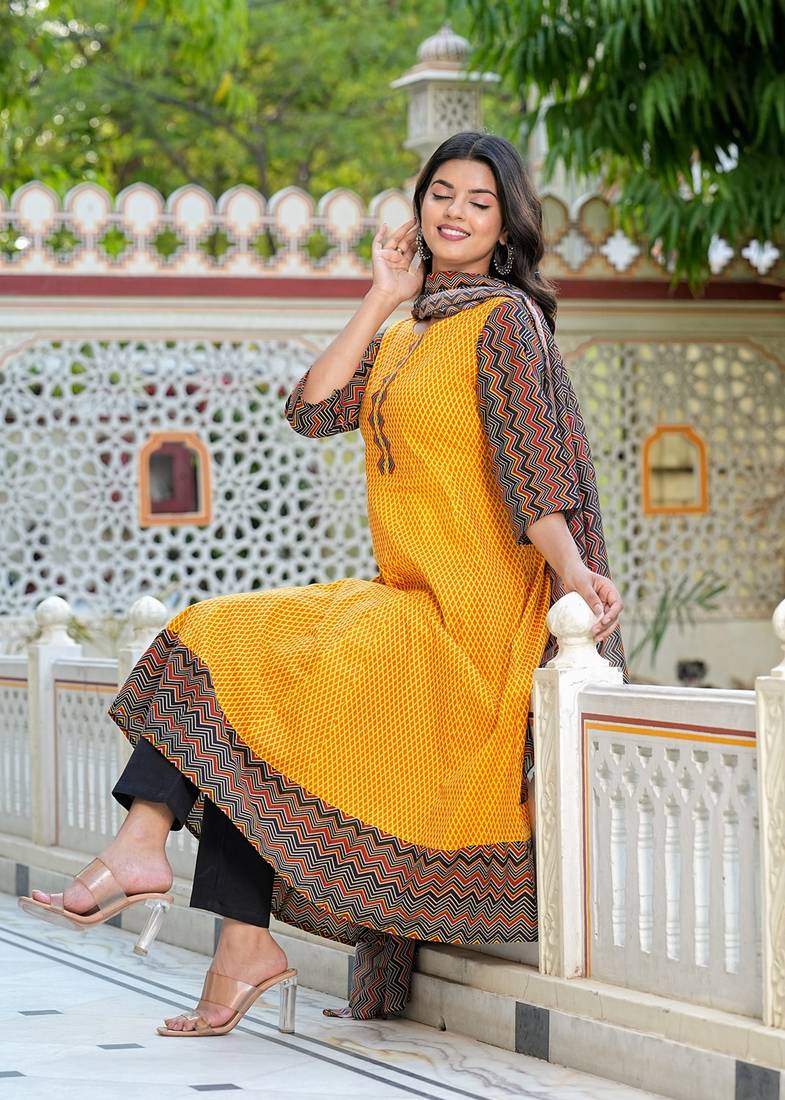 Yash gallery women's cotton geometric print anarkali kurta with dupatta set (mustard)