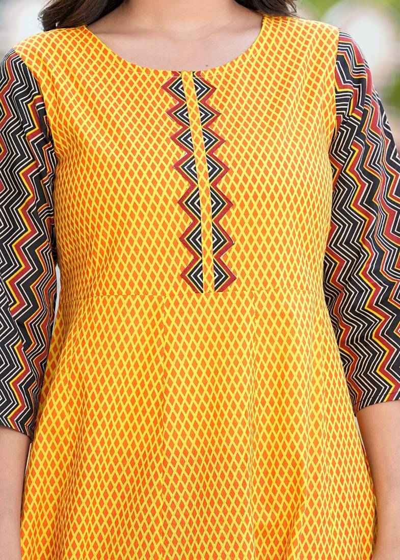 Yash gallery women's cotton geometric print anarkali kurta with dupatta set (mustard)