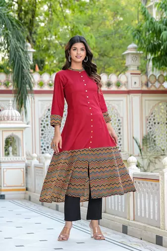  women's rayon & cotton cambric zig-zag printed a-line kurta with dupatta set