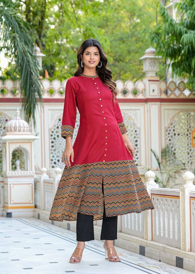 Yash gallery women's rayon & cotton cambric zig-zag printed a-line kurta with dupatta set