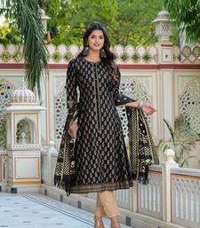  women's cotton gold print anarkali kurta with dupatta set (black)