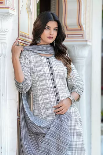 Yash gallery women's cotton slub geomatrical printed anarkali kurta & dupatta set