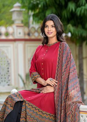  women's rayon & cotton cambric zig-zag printed a-line kurta with dupatta set 1