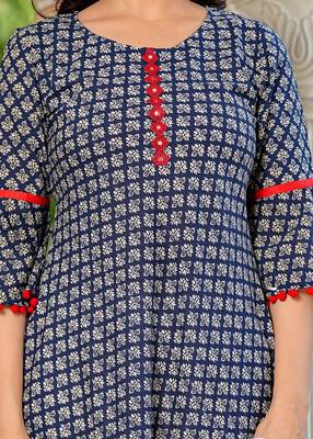  women's cambric cotton printed mirror work a-line kurta with dupatta set (blue) 5