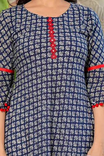  women's cambric cotton printed mirror work a-line kurta with dupatta set (blue)