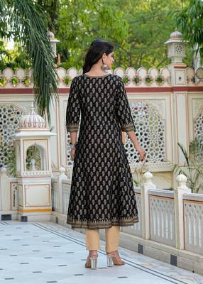  women's cotton gold print anarkali kurta with dupatta set (black) 3