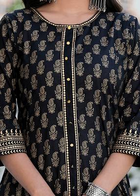  women's cotton gold print anarkali kurta with dupatta set (black) 4