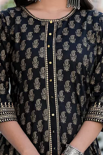  women's cotton gold print anarkali kurta with dupatta set (black)