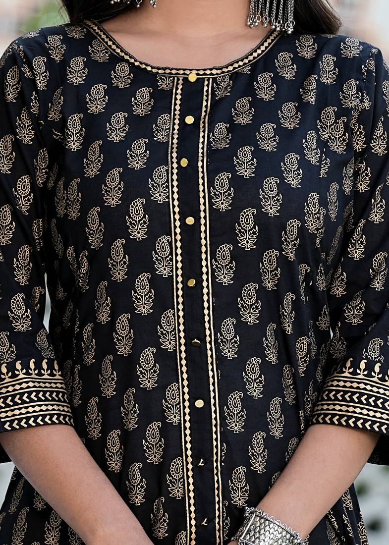 Yash gallery women's cotton gold print anarkali kurta with dupatta set (black)