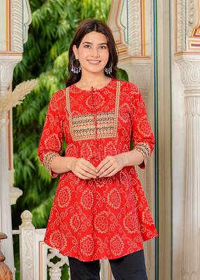  cotton mid thigh length bandej printed round neck short kurti for women 1
