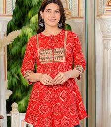  cotton mid thigh length bandej printed round neck short kurti for women