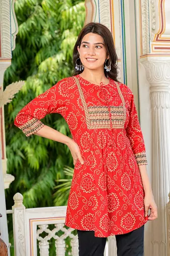  cotton mid thigh length bandej printed round neck short kurti for women