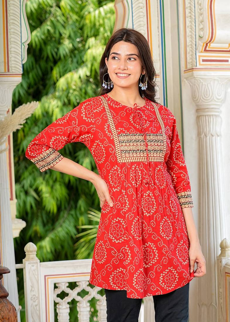 Yash gallery cotton mid thigh length bandej printed round neck short kurti for women