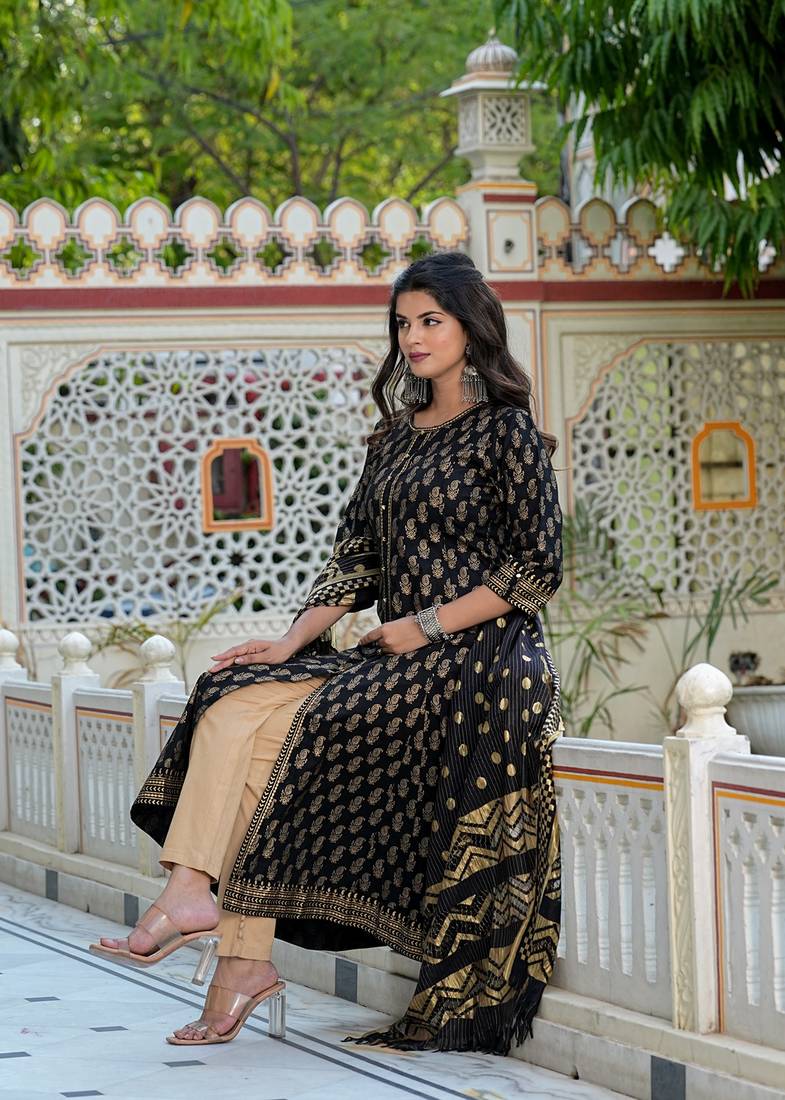 Yash gallery women's cotton gold print anarkali kurta with dupatta set (black)