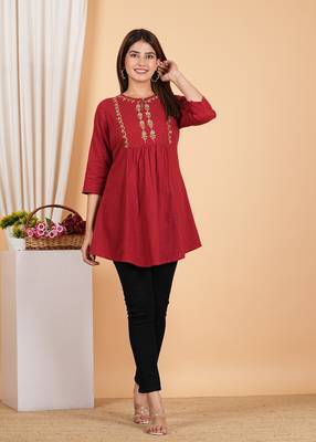  women's cotton mid thigh length embroidered 3/4th sleeve keyhole neck regular fitted short kurti 5