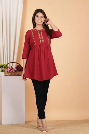  women's cotton mid thigh length embroidered 3/4th sleeve keyhole neck regular fitted short kurti
