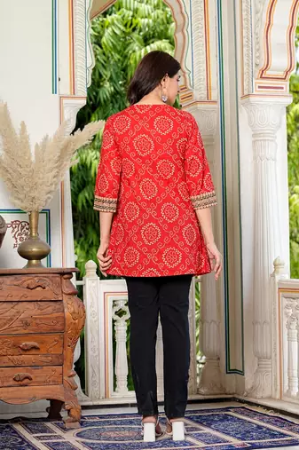  cotton mid thigh length bandej printed round neck short kurti for women