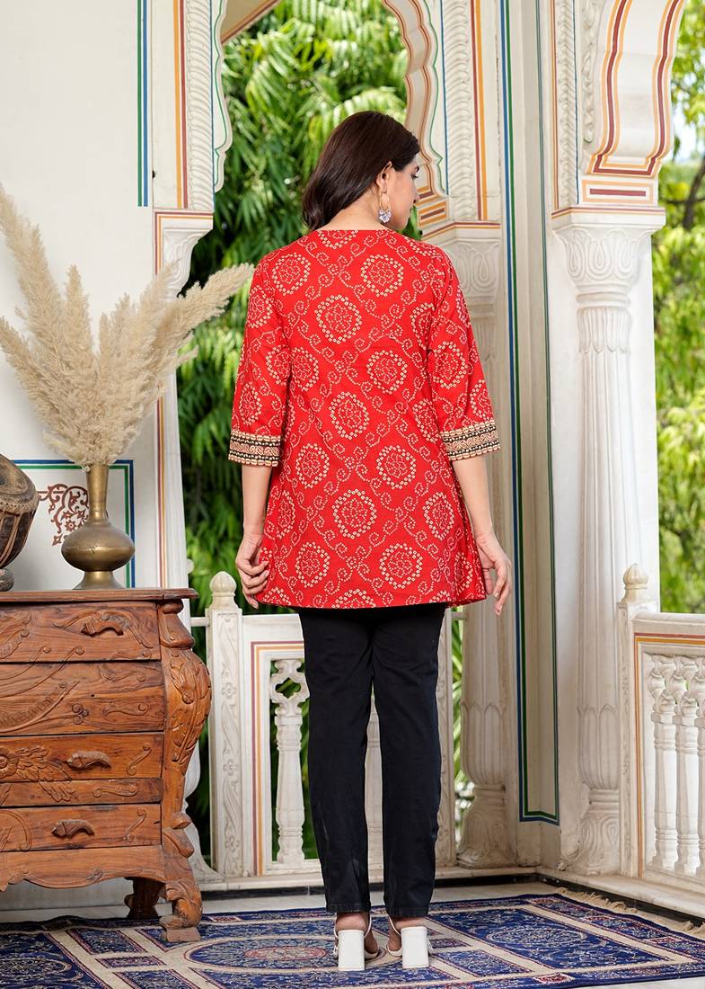 Yash gallery cotton mid thigh length bandej printed round neck short kurti for women