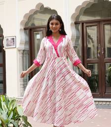 Yash gallery women's cotton geomentric print folded sleeve regular fit shirt collar anarkali kurta (pink)