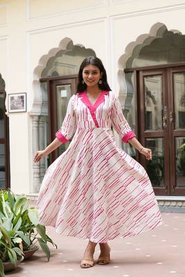  women's cotton geomentric print folded sleeve regular fit shirt collar anarkali kurta (pink) 2