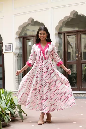  women's cotton geomentric print folded sleeve regular fit shirt collar anarkali kurta (pink)