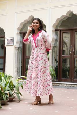  women's cotton geomentric print folded sleeve regular fit shirt collar anarkali kurta (pink) 1