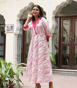 Yash gallery women's cotton geomentric print folded sleeve regular fit shirt collar anarkali kurta (pink)