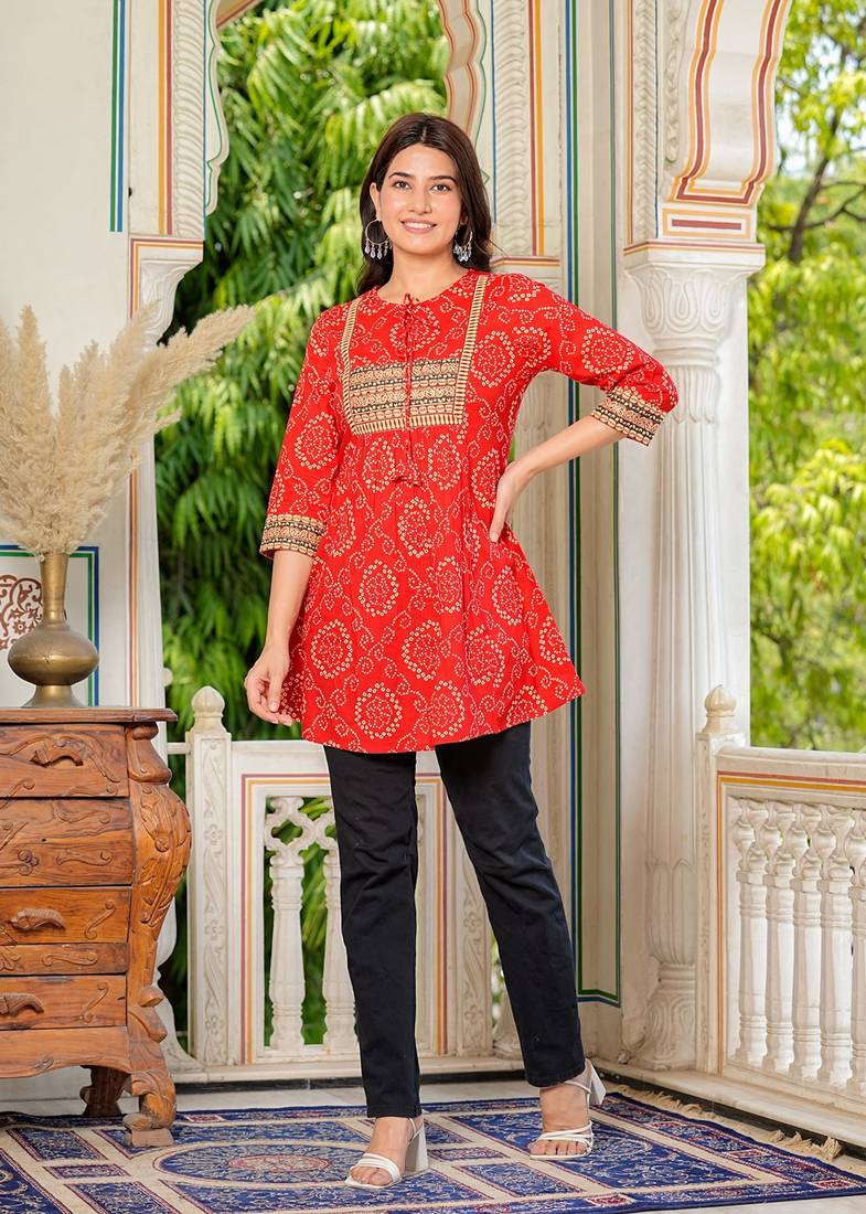 Yash gallery cotton mid thigh length bandej printed round neck short kurti for women