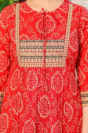 cotton mid thigh length bandej printed round neck short kurti for women