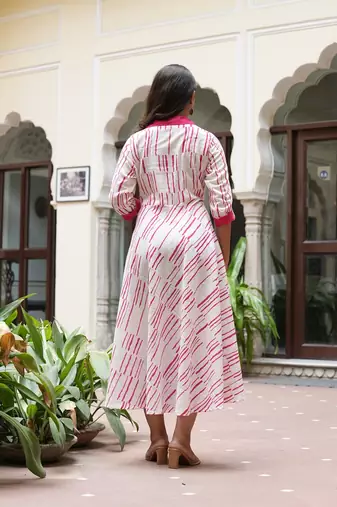 women's cotton geomentric print folded sleeve regular fit shirt collar anarkali kurta (pink)