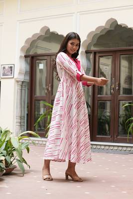  women's cotton geomentric print folded sleeve regular fit shirt collar anarkali kurta (pink) 4