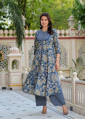  women's floral printed anarkali kurta with zig-zag printed pant & dupatta (blue) 3